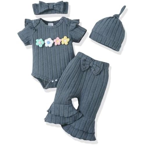 Renotemy Preemie Newborn Baby Girl Clothes Infant Short Sleeve Romper Summer Outfits Gifts for Girls Bell Bottoms Pants Set