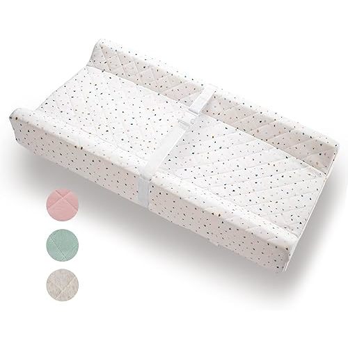Organic Cotton Contoured Baby Changing Pad w/Waterproof Foam Mattress, Includes Soft, Removable & Washable Cover, Safety Strap, Non-Slip Bottom, Topper for Standard Size Infant Diaper Table & Dresser