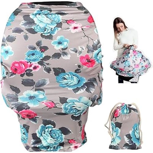 TUOKING Car Seat Covers for Babies, Multi-Use Cover-Silky Mom Nursing Cover Infant Breastfeeding Scarf Shopping Cart High Chair Ultra-Soft Stretchy for Boys and Girls Peony-Grey