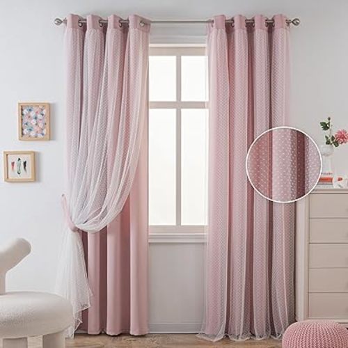 MYSKY HOME Pink Curtains for Girls Bedroom Nursery Curtains Blackout Double Layer Curtains Polka Dots Sheer Overlay Cute with Tiebacks for Kids Toddler Grommet Room Darkening Window Drapes 52 x 84 in