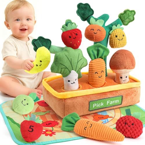 Mini Tudou Baby Toys 6-12 Months-Fruits Veggies Farm Stuffed Toys 15PCS-Montessori Sensory Educational Toy Mushroom Carrot with Rattle Squeaker Crinkle Color Shape Number Matching Baby Gifts