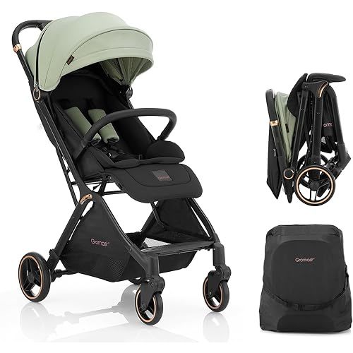 Gravity Folding Baby Stroller - Portable Travel Toddler Stroller w/Adjustable Backrest & Canopy, Cup Holder, Lightweight and UV Protected, One-Hand Automatic Folding - Green