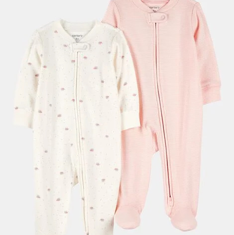 Baby Girl 2-Pack 2-Way Zip Cotton Sleep & Play Pajamas - White/Pink | Carter's