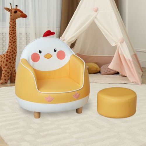 Kinbor Kids Sofa Toddler Leather Chair Animals Design Armchair w/ Ottoman for Nursery Kindergarten, Yellow&White