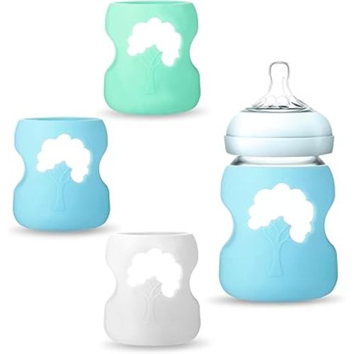 3 Pack Silicone Sleeve for Dr. Brown Natural Glass Baby Bottles, Anti-Shatter Baby Bottle Holder, Compatible with Dr. Brown Wide-Neck Glass Baby Bottles 5 oz, Dishwasher Safe (White+Green+Blue)