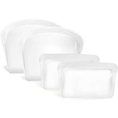 KVK Reusable Silicone Bags for Food Storage, 4 Pack Heavy Duty Silicone Ziplock Bags, Leakproof Reusable Sandwich Bags, Snack Bags, Oven Safe, Microwave Safe, Dishwasher Safe, Food Grade, Clear