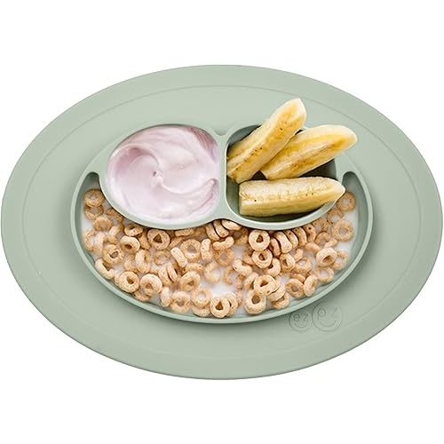 ezpz Mini Mat for 12 Months+ (Sage) - 100% Silicone Baby Plates with Suction and Built-in Placemat for Infants + Toddlers - Baby Led Weaning - For Highchair, Dining Table and Travel