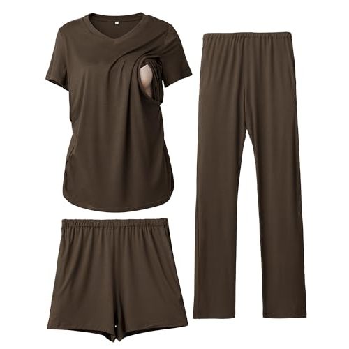 Rnxrbb 3 Piece Women's Maternity Nursing Pajamas Set V Neck Breastfeeding Pjs Sleepwear Postpartum Shorts&Pants Pockets