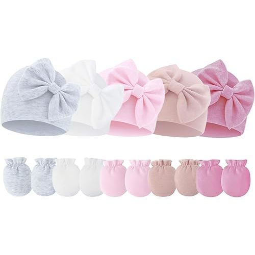 Newborn Baby Hats Mittens Sets Bow Infant Caps Gloves No Scratch Mitten Beanie Set for 0-6 Months Girls