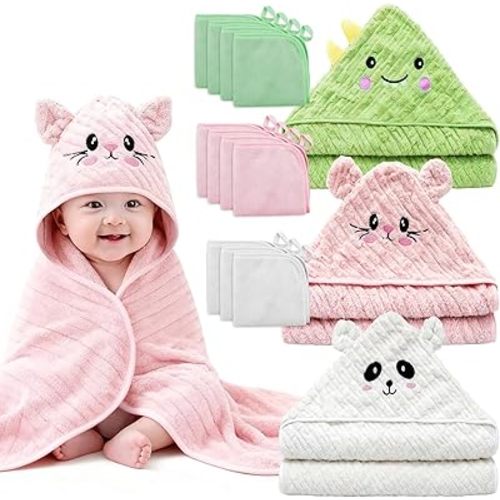 14 PCS Thicken Baby Towels Set, 3 PCS Soft Hooded Baby Towels & 11 PCS Washcloths, Baby Bath Towels for Newborns, Infants & Toddlers, Ultra Absorbent, Cute Baby Towel Gift for Girls