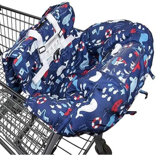 Portable 2-in-1 Shopping Cart & High Chair Covers for Babies, Kids, Infants, Toddlers | Universal Size with Free Carry Bag (Navy Blue Whale)