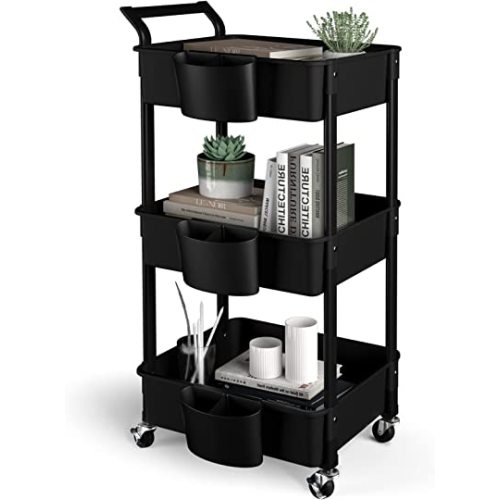 Hamone 3-Tier Utility Rolling Cart,Mobile Utility Cart with Lockable Caster Wheels,Storage Shelves Organizer Cart, 3 Hanging Baskets, Easy Assembly,for Bathroom, Kitchen, Office, Workshop,Black