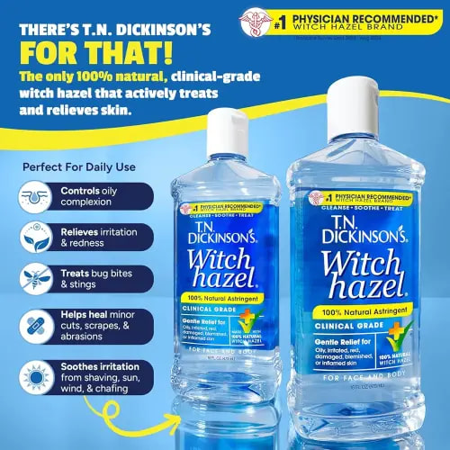 T.N. Dickinson's Witch Hazel 100% Natural Astringent | Pure Witch Hazel | Fragrance Free | Cleanses & Soothes Skin | For Face & Body | Clinical Grade | 8 Fl Oz