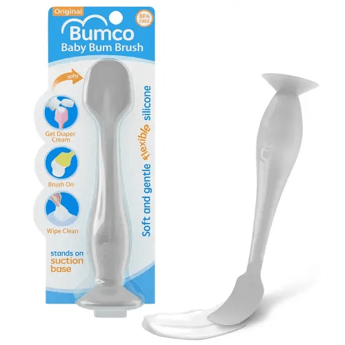 Bumco Baby Bum Brush - BPA-Free Diaper Cream Spatula with Suction Cup Base, Soft & Flexible Silicone, Wipe-Clean, Mom-Invented Diaper Bag Essentials (Gray)