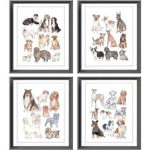 Watercolor Dog Breeds Poster Prints for Home - Bedroom, Nursery, Living Room Decor - Unframed Set of 4, 8x10inches for Dog Lovers