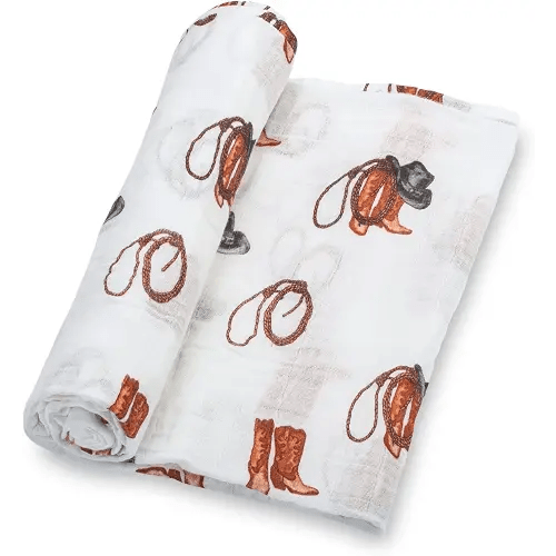 LollyBanks Swaddle Blanket | 100% Muslin Cotton | Gender Neutral Newborn and Baby Nursery Essentials for Girls and Boys, Registry | Cowboy Boot Print