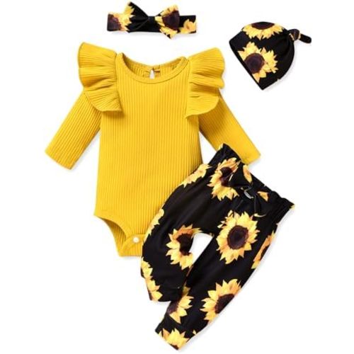 fioukiay Baby Girls Clothes Infant Little Kids Ribbed Romper Bodysuit Clothing Sets Fall Winter Outfits