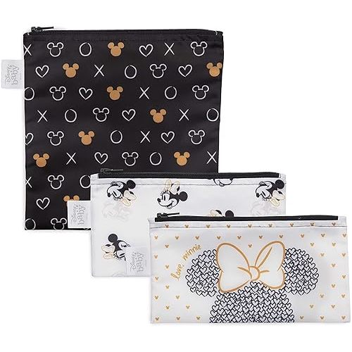 Bumkins Disney Reusable Sandwich and Snack Bags, for Kids School Lunch and for Adults Portion, Washable Fabric, Waterproof Cloth Zip Bag, Travel Pouch, Food-Safe, 3-pk Love, Minnie
