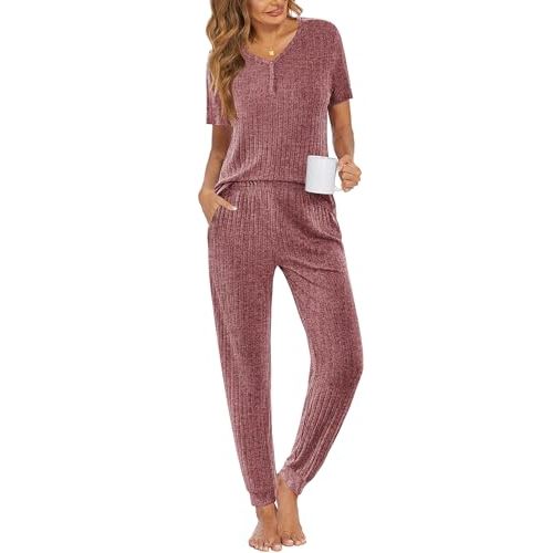 Ekouaer Pajama Sets for Womens Rib Knit Lounge Set Jogger Pants Short Sleeve Sleepwear 2 Piece Outfits Set with Pockets