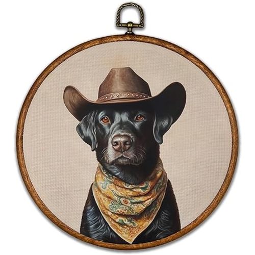BCUANGD Western Trendy Round Wall Art Decor - Retro Dog Neutral Wall Art Canvas Frame Artwork Prints, Rustic Vintage Country Round Wall Hanging Decorations for Home Farmhouse Bedroom, 10"x10"