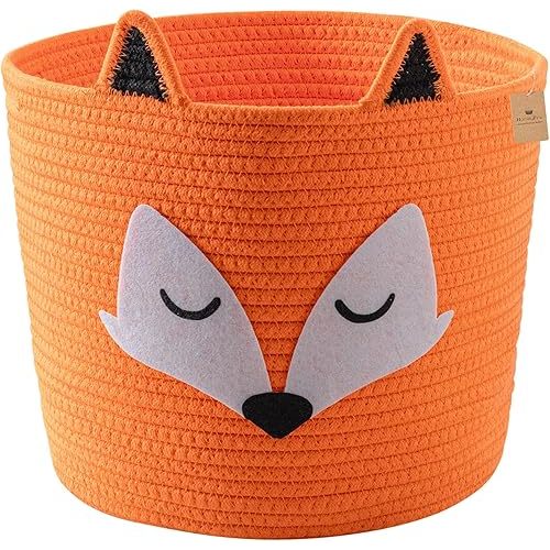 Fox Basket, Woven Cotton Rope Storage Basket for Baby, Baby Nursery Hamper with Handles, Orange Animal Storage Baskets for Nursery, Kids Room Organizer, Cat Dog Toy Storage