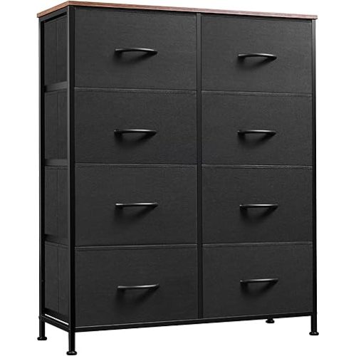 WLIVE Tall Fabric Dresser with 8 Drawers, Storage Tower with Fabric Bins, Double Dressers, Chest of Drawers for Closet, Bedroom, Living Room, Hallway, Dorm, Black and Rustic Brown