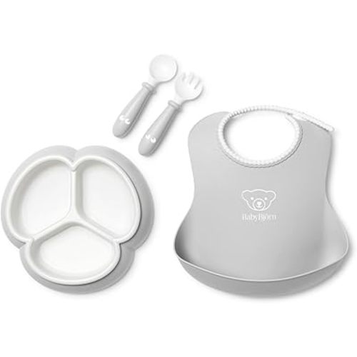 BabyBjörn Mealtime Set, 4 pc, Gray | Includes Plate, Fork, Spoon, and Cup | Dishwasher Safe | Toddler Feeding Set for self-Feeding or led weaning