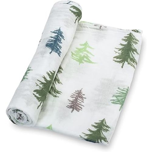 LollyBanks Swaddle Blanket | 100% Muslin Cotton | Newborn and Baby Nursery Essentials for Boys, Registry | Pine Tree Print