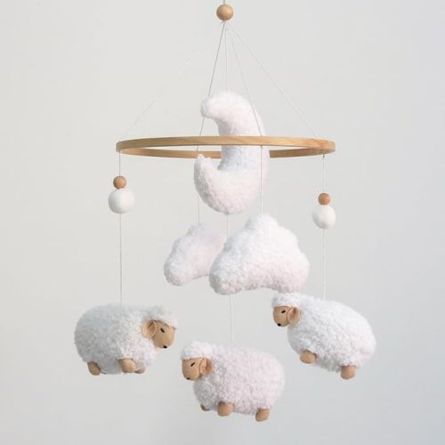 Sheep Baby Mobile for Crib, Cloud Baby Crib Mobile for Girls & Boys, Neutral Crib Toys Hanging, Lamb Baby Mobile for Bassinet, Nursery Decor - Pure White