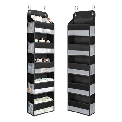 Yecaye 1 Pc Over the Door Organizer with 5 Bins 10 Side Pockets, 44lbs Load Hanging Bathroom and Bedroom Organizer, behind the Door Hanging Organizers for Nursery Newborn Baby Essential Stuff Black