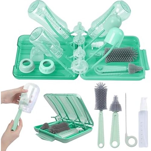 Portable Baby Bottle Cleaning Kit – 6-in-1 Travel Bottle Brush Set with Drying Rack, Nipple Brush, Straw Brush, Soap Dispenser & Storage Box – Essential Baby Bottle Cleaner for Home & Travel