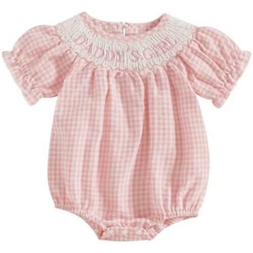 FIOMVA Toddler Baby Girl Clothes Summer Smocked Bubble Romper Embroidery Onesie Short Sleeve Bodysuit Cute Outfits