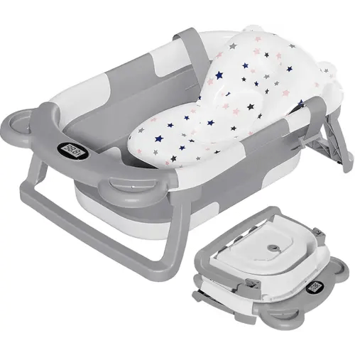 TPN Collapsible Baby Bathtub, Baby Bath Tub with Soft Cushion & Real-Time Thermometer, Baby Bathtub Infant to Toddler Tub (0-36 Months), Portable Travel Baby Tubs for Newborns (Grey)
