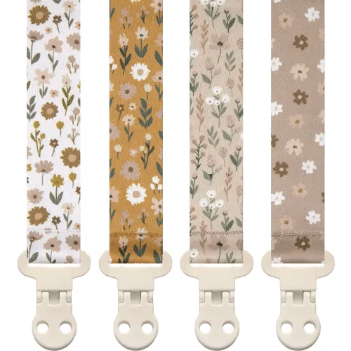 Baby Pacifier Clip Holder - Girl or Boy Unisex 4 Pack Gift Set – Boho Modern Neutral Floral Beige Yellow Brown Colors (Flora)