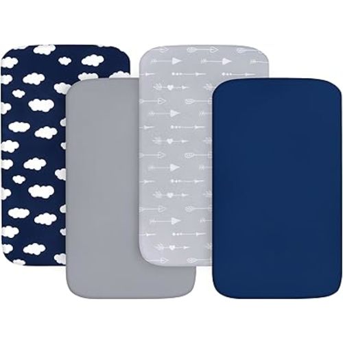 4-Pack Fitted Pack and Play Sheets for Boys and Girls - Breathable, Soft Microfiber Baby Sheets in Grey and Navy