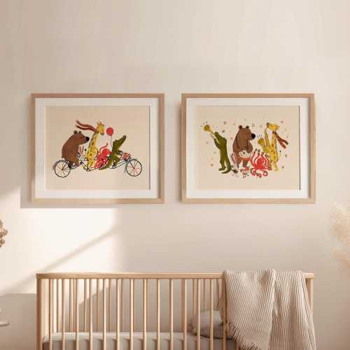Set of 2 Animal Parade Nursery Art Prints: Music & Bike Theme