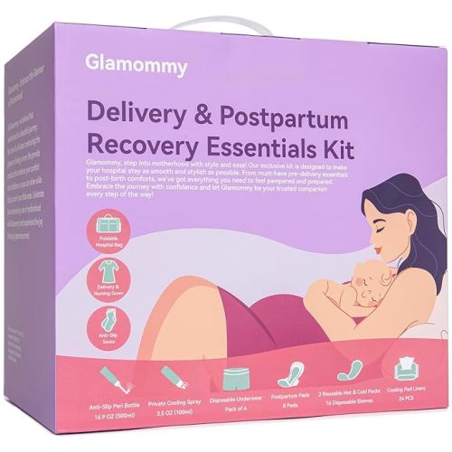 Upgraded Postpartum Recovery Essentials Kit for Women, Nursing Gown, Luggage Bags, Socks, Peri Bottle, Cooling Spray, Disposable Underwear, Postpartum Pads, Hot&Cold Packs, Cooling Liners