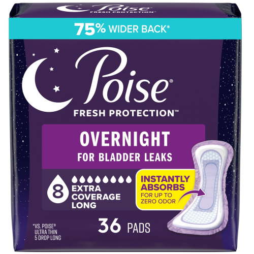 Poise Overnight Incontinence & Postpartum Pads for Bladder Leaks, 8 Drop Extra Coverage, 36 Count HSA/FSA Eligible