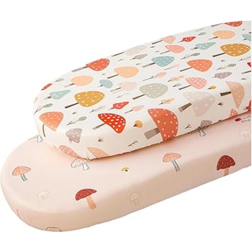 SDIII Mushroom Bassinet Sheets 2 Pack for Baby, Stretchy Breathable Microfiber Jersey Knit, Universal Fit for Rectangle Round Oval Hourglass Mattress