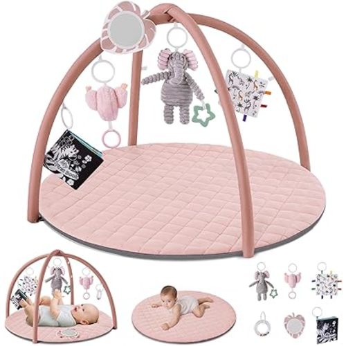 Blissful Diary Baby Play Gym Mat, Tummy Time Activity Mat with 6 Detachable Toys for Skill Development, Baby Essentials Gift, Soft Pink