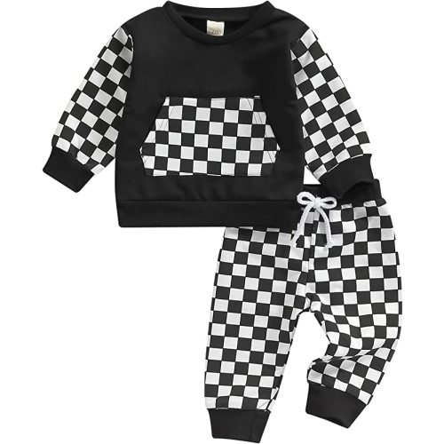 Toddler Baby Boy Girl Long Sleeve Cotton Plaid Pullover Sweatshirt+Trousers Two Piece Outfit Set Fall Winter Clothes - I-black - 6-12 Months