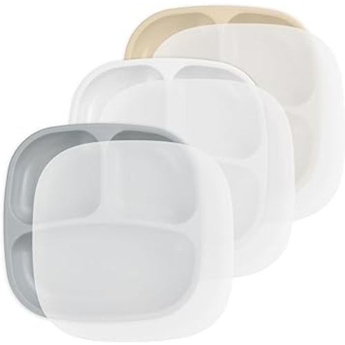 Re Play 7" Divided Toddler 3 Pack Plates with 3 Silicones Lids - Deep Sides and Three Compartments for Easy Self Feeding - BPA Free - Dishwasher Safe - Seashell