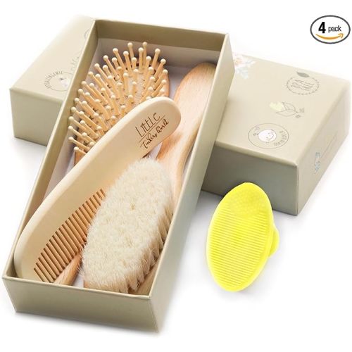 Wooden Hair Brush and Comb Set (4-Piece) for Newborns and Toddlers | Ideal for Cradle Cap | Massage and Scalp Bristles | Perfect Baby Registry Gift