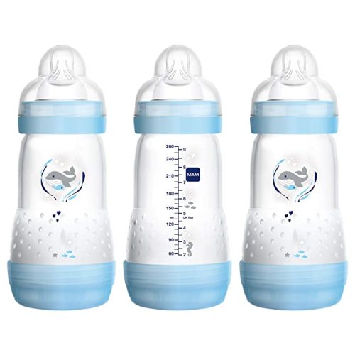 MAM Easy Start Anti-Colic Bottle 9 oz (3-Count), Baby Essentials, Medium Flow Bottles with Silicone Nipple, Baby Bottles for Baby Boy, Blue - 3 Count (Pack of 1) - Boy 'Deep Sea'