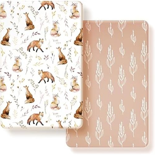 GRSSDER Stretchy Ultra Soft Jersey Knit Fitted Pack n Play Sheets Set 2 Pack, Universal Fit Portable/Mini Crib, Playards Mattress Pads Safe and Snug, Pretty Fox for Baby Girls