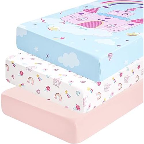 PHF 3 Pack Soft Castle Crib Sheets Fitted, Comfy Breathable Baby Sheets for Girls, 28x52 Inches Fits Standard Crib and Toddler Mattresses, Castle