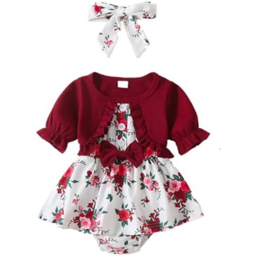 Newborn Baby Girl Romper Dresses Clothes Set Short Sleeve Floral Ruffle Bow Overall Bodysuit Onesie Floral Skirt Hem Outfit