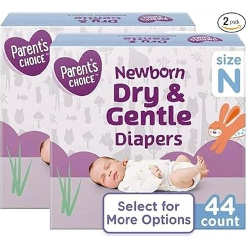 Parents Choice Dry & Gentle Diapers Size NB, 44 Count Pack of 2, Newborn, White
