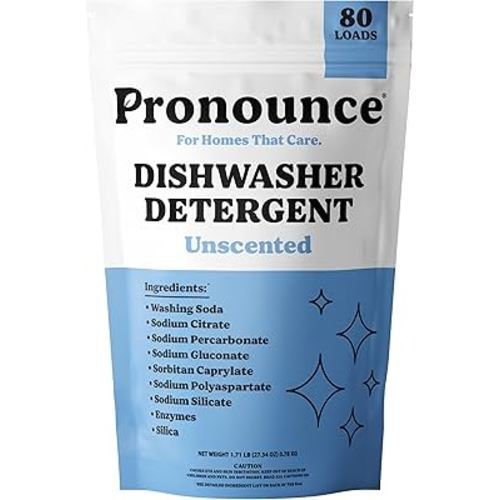 Pronounce Dishwasher Detergent - Cleaner Ingredients, Fragrance Free - Ultra Concentrated Dish Soap, Cuts Grease and Grime, Dishwasher Pods Alternative (Residue-Free). (80 Loads, Unscented)