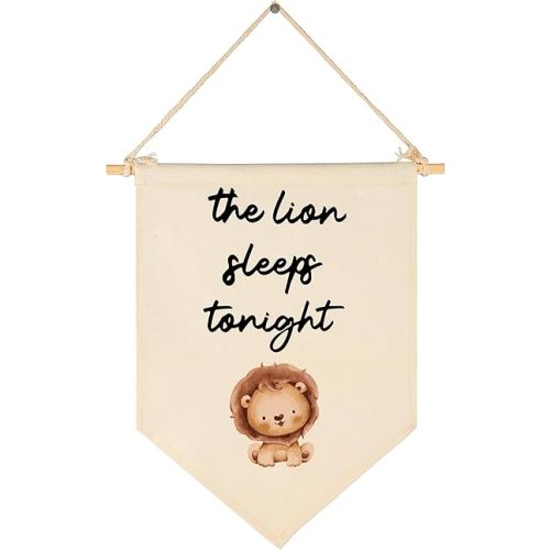 the Lion Sleeps Tonight-Flag Sign Gifts for Baby Newborn Boys Kids-Banner Wall Decor Gifts for Nursery Bedroom Playroom Front Door-Baby Gift Shower-New Home Gift-Birthday Christmas Gift